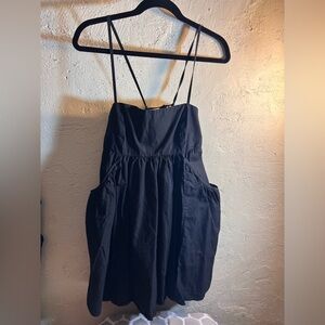 Urban Outfitters Black Mini Dress adjustable straps M pockets baggy minimalist